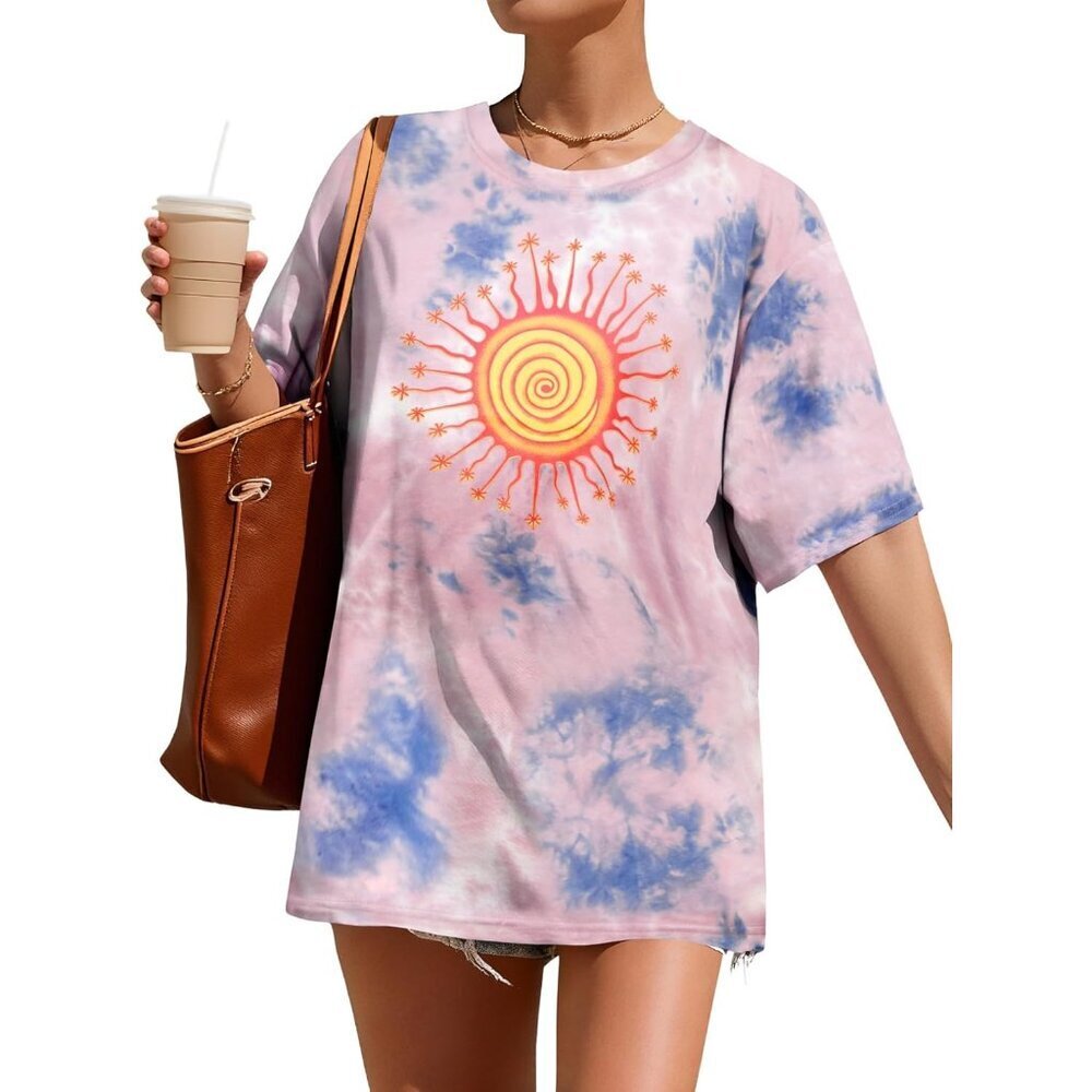 Women’s Oversized Tie Dye Sun and Moon Graphic T-Shirt Cotton Elastane